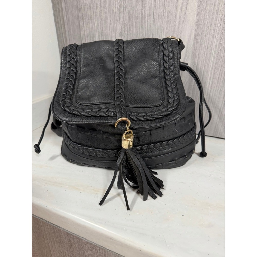 Black Faux Leather Braided Tassel Drawstring Bucket Crossbody Bag Boho Messenger